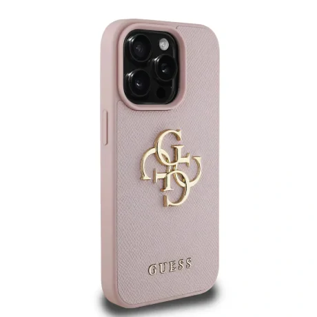 Husă spate Guess PU Grained 4G cu logo metalic pentru iPhone 15 Pro, roz