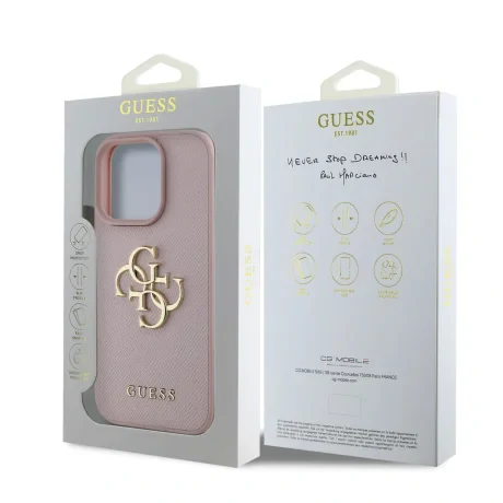 Husă spate Guess PU Grained 4G cu logo metalic pentru iPhone 15 Pro, roz