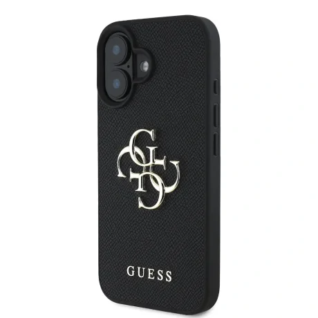 Husă spate Guess PU Grained 4G cu logo metalic pentru iPhone 16, neagră