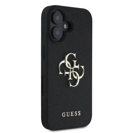 Husă spate Guess PU Grained 4G cu logo metalic pentru iPhone 16, neagră