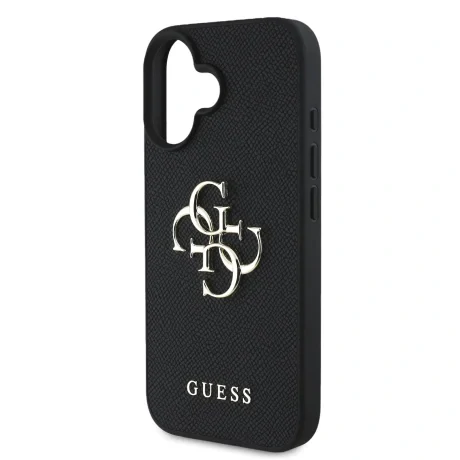 Husă spate Guess PU Grained 4G cu logo metalic pentru iPhone 16, neagră