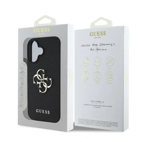 Husă spate Guess PU Grained 4G cu logo metalic pentru iPhone 16, neagră