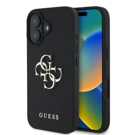 Husă spate Guess PU Grained 4G cu logo metalic pentru iPhone 16, neagră