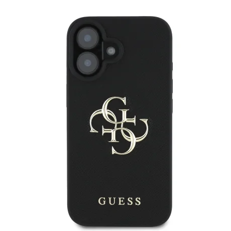 Husă spate Guess PU Grained 4G cu logo metalic pentru iPhone 16, neagră