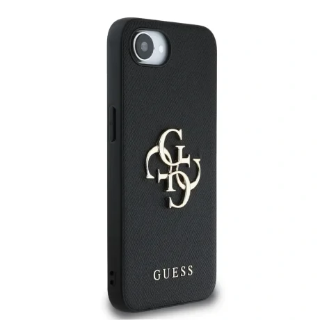 Husă spate Guess PU Grained 4G cu logo metalic pentru iPhone 16e/17e, neagră