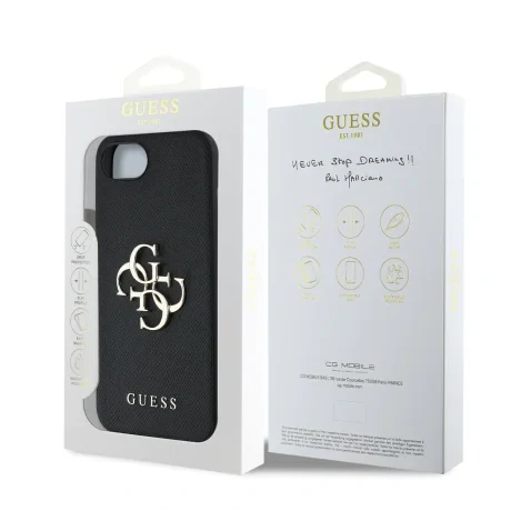 Husă spate Guess PU Grained 4G cu logo metalic pentru iPhone 16e/17e, neagră