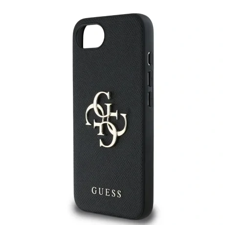 Husă spate Guess PU Grained 4G cu logo metalic pentru iPhone 16e/17e, neagră