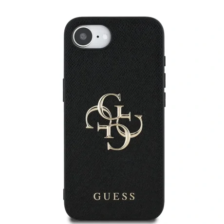 Husă spate Guess PU Grained 4G cu logo metalic pentru iPhone 16e/17e, neagră