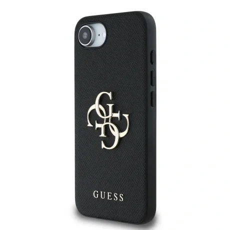 Husă spate Guess PU Grained 4G cu logo metalic pentru iPhone 16e/17e, neagră