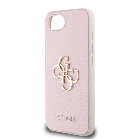 Husă spate Guess PU Grained 4G cu logo metalic pentru iPhone 16e/17e, roz