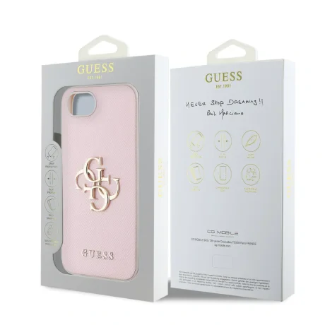Husă spate Guess PU Grained 4G cu logo metalic pentru iPhone 16e/17e, roz