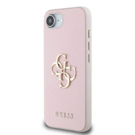 Husă spate Guess PU Grained 4G cu logo metalic pentru iPhone 16e/17e, roz