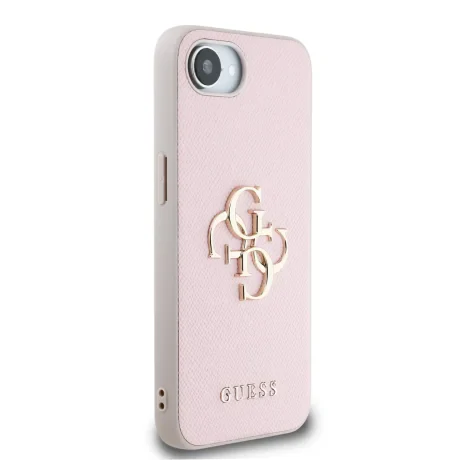 Husă spate Guess PU Grained 4G cu logo metalic pentru iPhone 16e/17e, roz