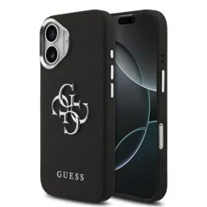 Husă spate Guess PU Grained 4G cu logo metalic pentru iPhone 17, neagră