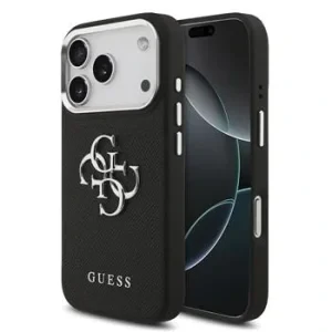 Husă spate Guess PU Grained 4G cu logo metalic pentru iPhone 17 Pro, neagră