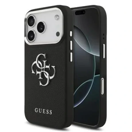 Husă spate Guess PU Grained 4G cu logo metalic pentru iPhone 17 Pro, neagră