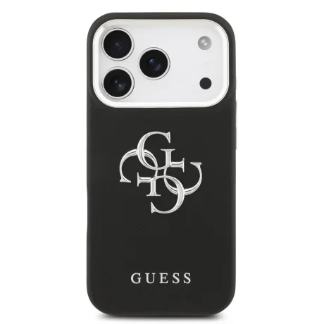 Husă spate Guess PU Grained 4G cu logo metalic pentru iPhone 17 Pro, neagră