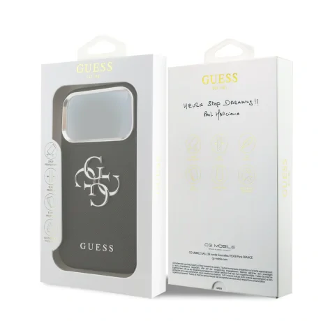 Husă spate Guess PU Grained 4G cu logo metalic pentru iPhone 17 Pro, neagră