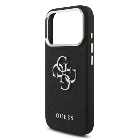 Husă spate Guess PU Grained 4G cu logo metalic pentru iPhone 17 Pro, neagră
