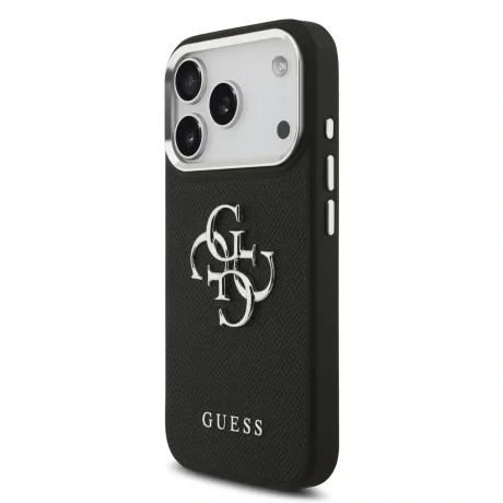 Husă spate Guess PU Grained 4G cu logo metalic pentru iPhone 17 Pro, neagră
