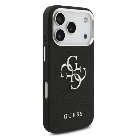 Husă spate Guess PU Grained 4G cu logo metalic pentru iPhone 17 Pro, neagră