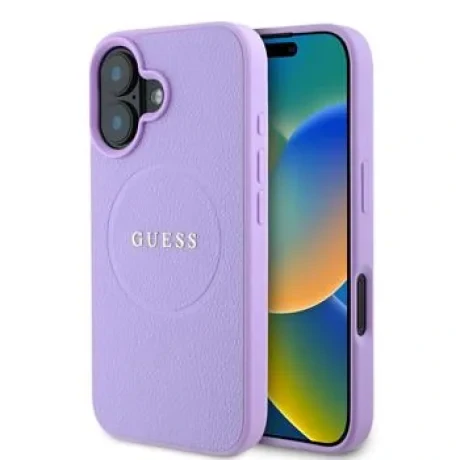 Husă spate Guess PU Grained Classic Logo MagSafe pentru iPhone 16, violet
