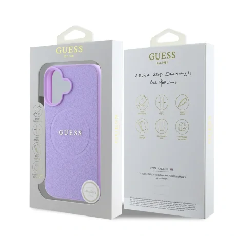 Husă spate Guess PU Grained Classic Logo MagSafe pentru iPhone 16, violet