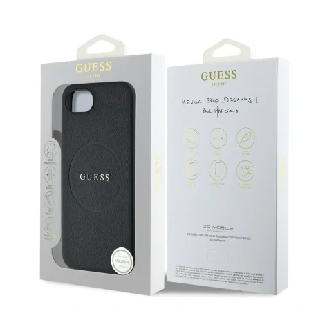 Husă spate Guess PU Grained Classic Logo MagSafe pentru iPhone 16e/17e, neagră