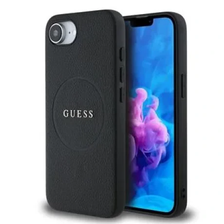 Husă spate Guess PU Grained Classic Logo MagSafe pentru iPhone 16e/17e, neagră