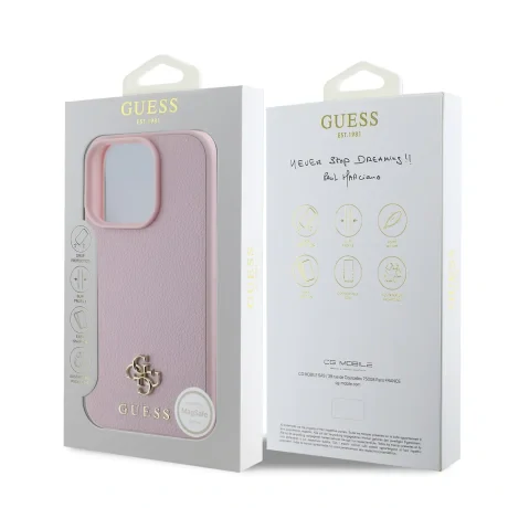 Husă spate Guess PU Granulată 4G cu logo metalic mic MagSafe pentru iPhone 16 Pro Max, roz