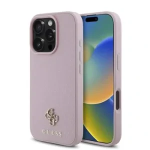 Husă spate Guess PU Granulată 4G cu logo metalic mic MagSafe pentru iPhone 16 Pro Max, roz