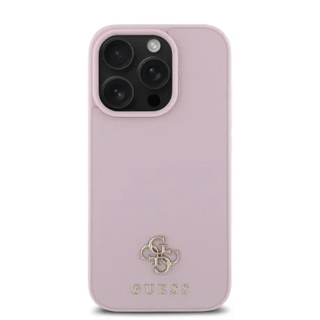 Husă spate Guess PU Granulată 4G cu logo metalic mic MagSafe pentru iPhone 16 Pro Max, roz