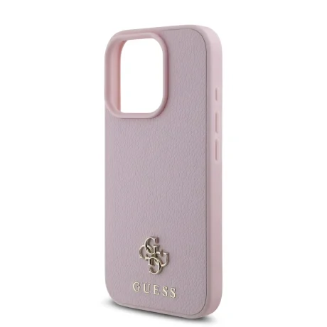 Husă spate Guess PU Granulată 4G cu logo metalic mic MagSafe pentru iPhone 16 Pro Max, roz