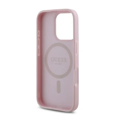 Husă spate Guess PU Granulată 4G cu logo metalic mic MagSafe pentru iPhone 16 Pro Max, roz