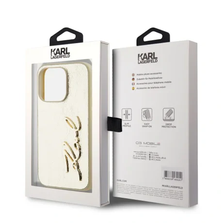Husă spate Karl Lagerfeld cu logo PU și creț pentru iPhone 15 Pro Max, aurie