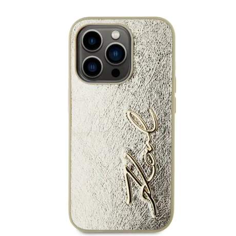 Husă spate Karl Lagerfeld cu logo PU și creț pentru iPhone 15 Pro Max, aurie