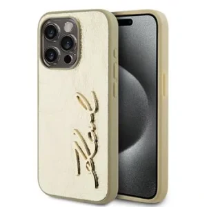 Husă spate Karl Lagerfeld cu logo PU și creț pentru iPhone 15 Pro Max, aurie