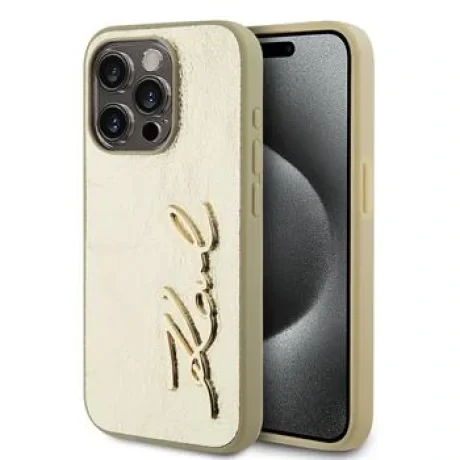 Husă spate Karl Lagerfeld cu logo PU și creț pentru iPhone 15 Pro Max, aurie