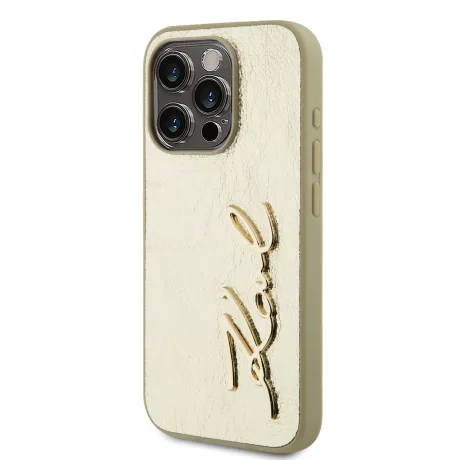 Husă spate Karl Lagerfeld cu logo PU și creț pentru iPhone 15 Pro Max, aurie