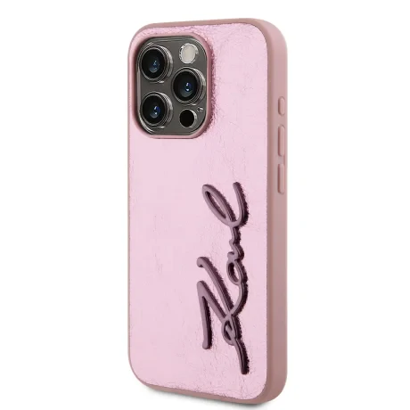 Husă spate Karl Lagerfeld cu logo PU și creț pentru iPhone 15 Pro Max, roz