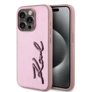 Husă spate Karl Lagerfeld cu logo PU și creț pentru iPhone 15 Pro Max, roz