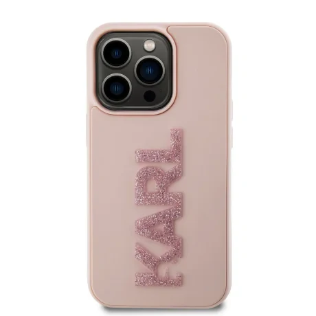 Husă spate Karl Lagerfeld cu logo sclipici 3D din cauciuc Karl pentru iPhone 15 Pro Max, roz