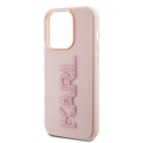 Husă spate Karl Lagerfeld cu logo sclipici 3D din cauciuc Karl pentru iPhone 15 Pro Max, roz
