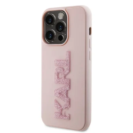 Husă spate Karl Lagerfeld cu logo sclipici 3D din cauciuc Karl pentru iPhone 15 Pro Max, roz