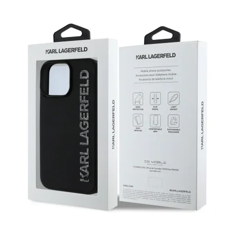Husă spate Karl Lagerfeld cu logo sclipici 3D din cauciuc pentru iPhone 15 Pro Max, neagră