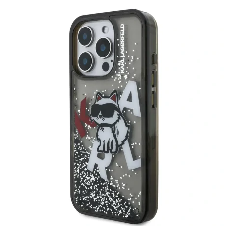 Husă spate Karl Lagerfeld cu sclipici lichid și împrăștiere Choupette pentru iPhone 16 Pro Max, neagră