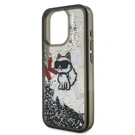 Husă spate Karl Lagerfeld cu sclipici lichid și împrăștiere Choupette pentru iPhone 16 Pro Max, neagră