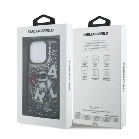Husă spate Karl Lagerfeld cu sclipici lichid și împrăștiere Choupette pentru iPhone 16 Pro Max, neagră