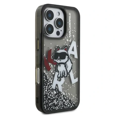 Husă spate Karl Lagerfeld cu sclipici lichid și împrăștiere Choupette pentru iPhone 16 Pro Max, neagră