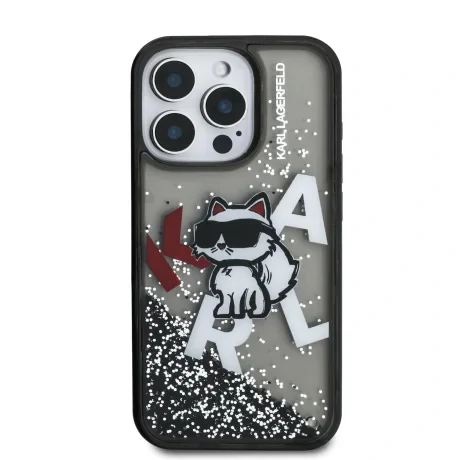 Husă spate Karl Lagerfeld cu sclipici lichid și împrăștiere Choupette pentru iPhone 16 Pro Max, neagră